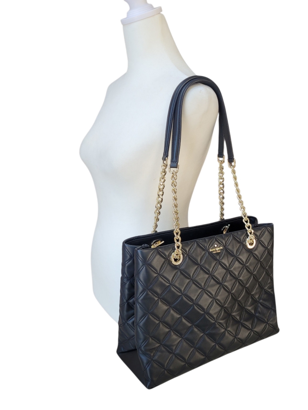 kate spade ♠️ Natalia Smooth Quilted Leather Tote Bag with Gold Chain Straps - Picture 6 of 15